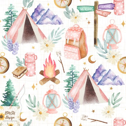 Girly Camping seamless pattern on white background