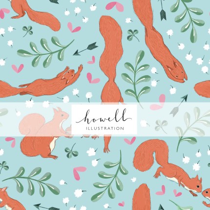 A seamless pattern tile that depicts red squirrels falling in love among hearts, leaves, baby's breath flowers, arrows and clover on a light blue background