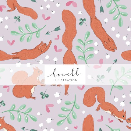 A seamless pattern tile featuring the love story of a pair of red squirrels. Around the red squirrels are clover (dark green), hearts (pink), baby's breath flowers (white) and arrows (dark green), all symbols of love. It has a lilac background.