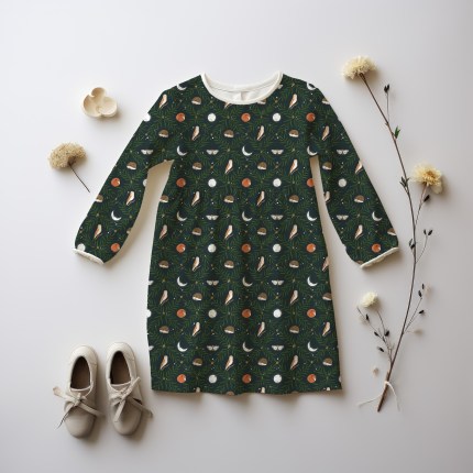 A child's dress is laid out on a white background with shoes and flowers. The dress features a dark pattern with foxes, owls, leaves, moons and moths on it.