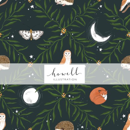 A seamless pattern tile that depicts a dark blue-grey background with nocturnal animals such as a fox, hedgehog, owl and moth over it. There is also a full moon and crescent moon depicted. Leaves create diamond patterns around the animals.