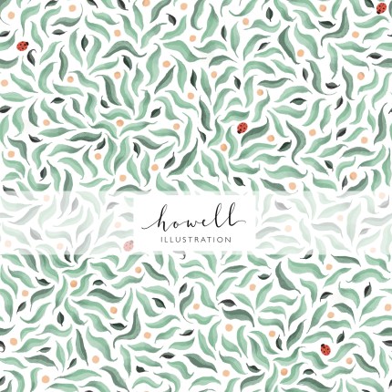 A seamless pattern of wiggly green leaves, some light green, some dark, with white spaces between them. Ladybirds are hidden in the busy pattern.