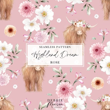 Highland Dream, Highland Cow Floral Seamless Pattern in Rose by Debbie Monson