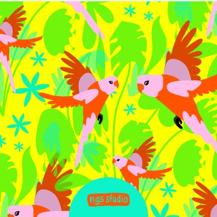 Parakeet Yellow - funny and playful seamless pattern design featuring birds and plants, swim safe design, summer, swimwear, children's clothing