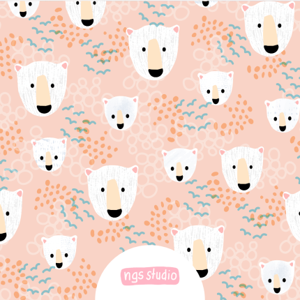 Arctic Rose - Colour exclusive, seamless, cute polar bear pattern with fun background, children's apparel, children's design