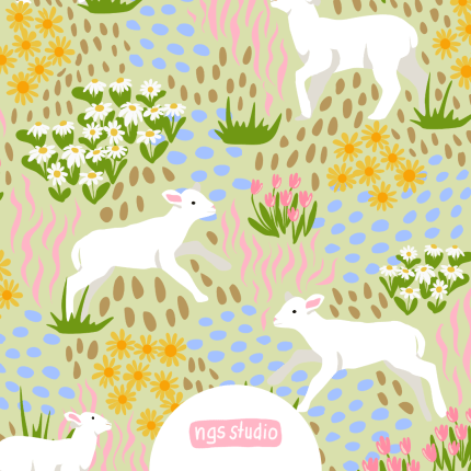 Little Lamb Light Green- Colourful, cute, half-drop, seamless pattern featuring little lambs and flowers