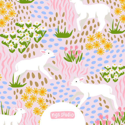 Little Lamb Rose- Colourful, cute, half-drop, seamless pattern featuring little lambs and flowers