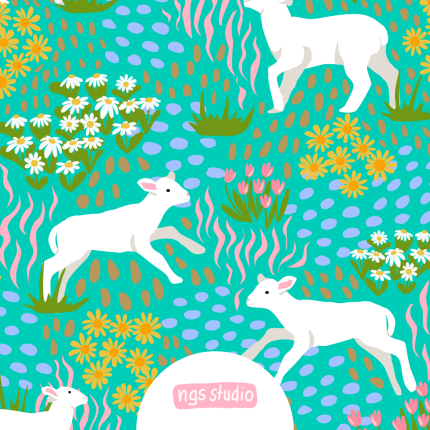 Little Lamb Green- Colourful, cute, half-drop, seamless pattern featuring little lambs and flowers