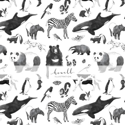 Black and white animals are spread across the square in a pattern. Animals include a killer whale, panda, zebra, cow, tapir, skunk, badger, etc